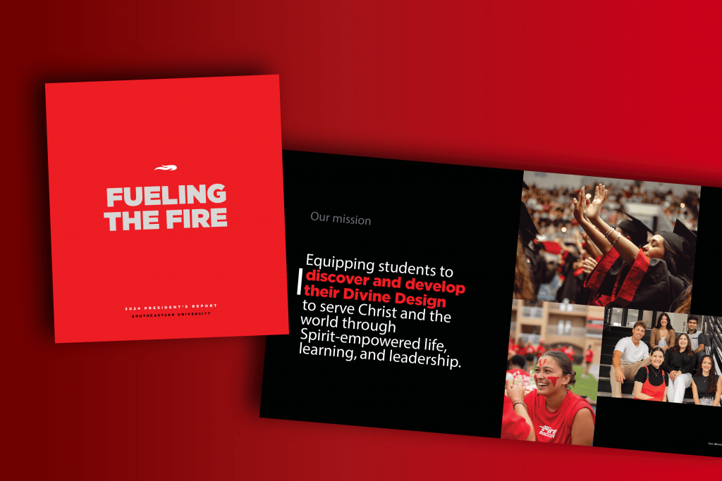 A flat lay graphic of the cover of the president's report, which reads "Fueling the Fire." A second page appears next to it, which lists the university's mission.