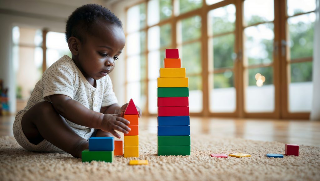 Full body view of a baby playing with wooden blocks