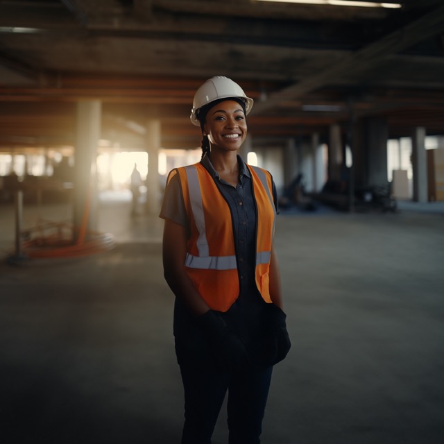 female in orange construction vest and hard hat 