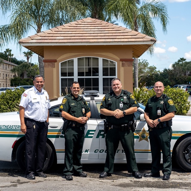 SEU's security officers in front of the security checkpoint on campus