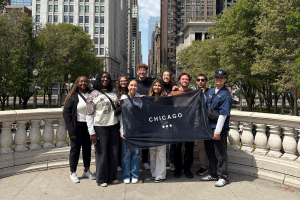 Group of SEU students standing in front of city-scape in downtown Chicago.
