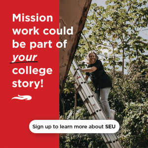 Mission work promo, photo of young woman on ladder during a mission trip