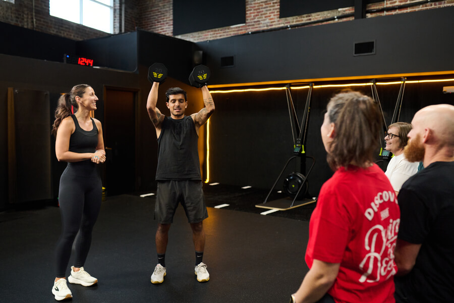 A group of people in a gym.