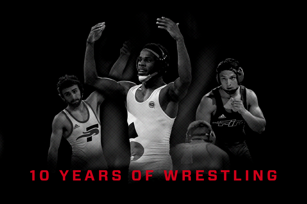 A photo collage of Fire Wrestlers with the words 10 Years of Wrestling at the bottom.