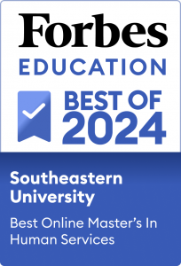 A blue and white badge with the words "Forbes Education, Best of 2024, Southeastern University, Best Online Master's In Human Services"